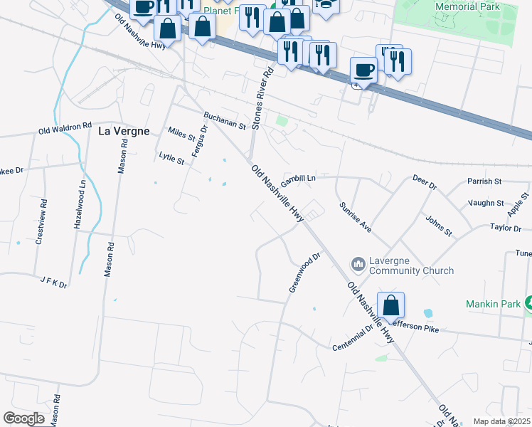map of restaurants, bars, coffee shops, grocery stores, and more near 200 Oakmont Drive in La Vergne