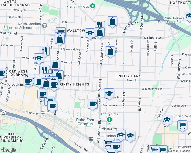 map of restaurants, bars, coffee shops, grocery stores, and more near 1208 Green Street in Durham