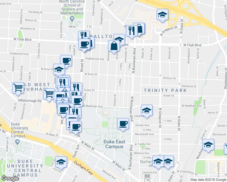 map of restaurants, bars, coffee shops, grocery stores, and more near 1402 Green Street in Durham