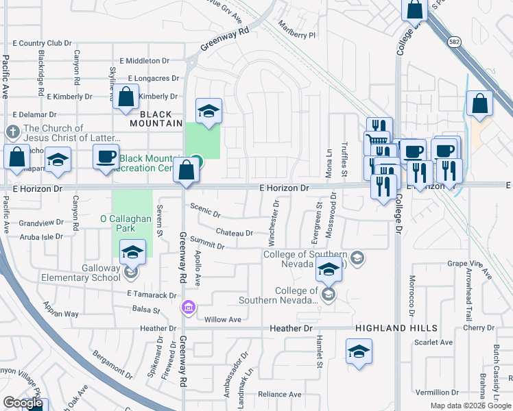 map of restaurants, bars, coffee shops, grocery stores, and more near 605 Overland Drive in Henderson