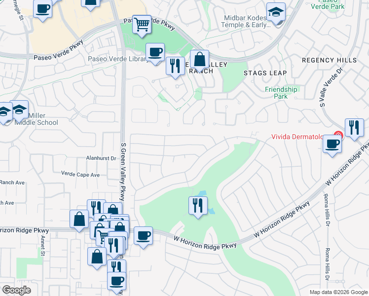 map of restaurants, bars, coffee shops, grocery stores, and more near 2128 Chapman Ranch Drive in Henderson