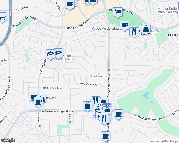 map of restaurants, bars, coffee shops, grocery stores, and more near 2254 Coral Ridge Avenue in Henderson