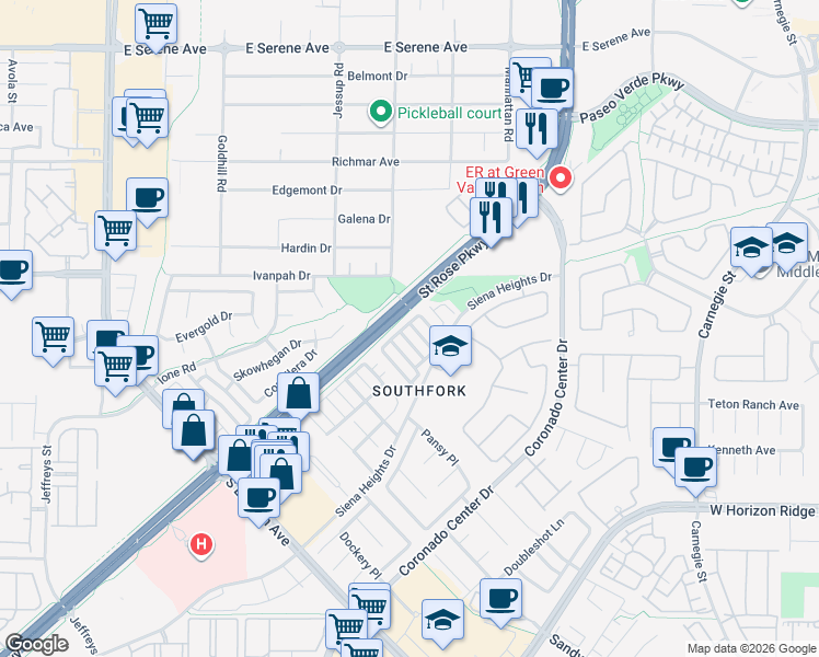 map of restaurants, bars, coffee shops, grocery stores, and more near 500 Recognition Place in Henderson