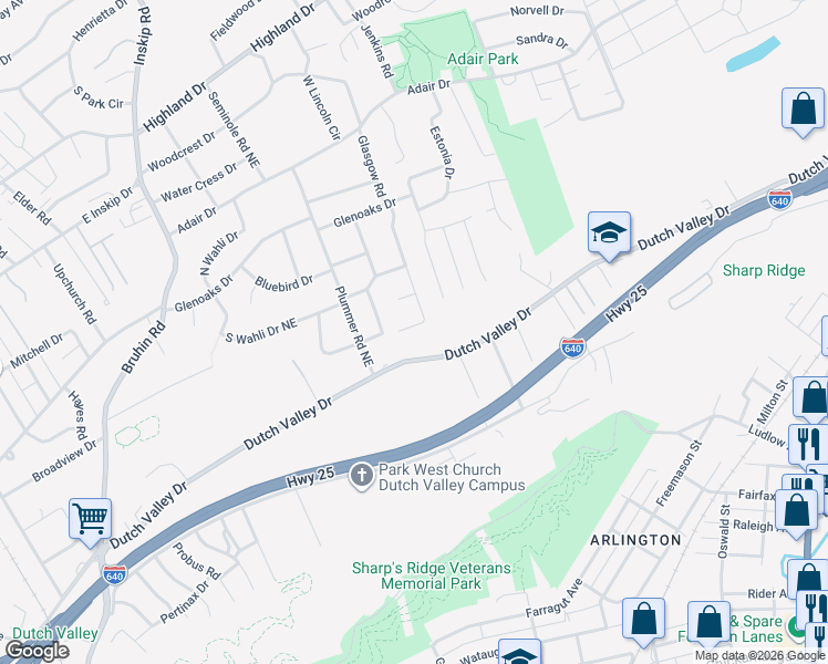 map of restaurants, bars, coffee shops, grocery stores, and more near 4200 Glasgow Road in Knoxville