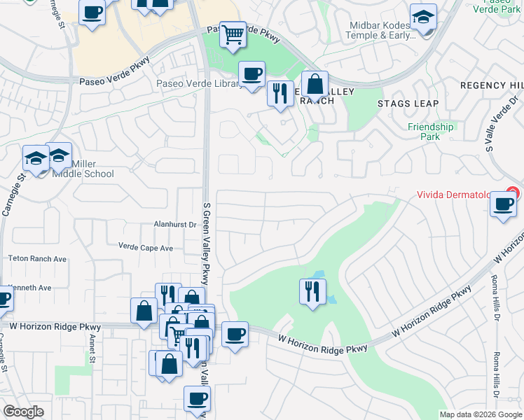map of restaurants, bars, coffee shops, grocery stores, and more near 2163 Chapman Ranch Drive in Henderson