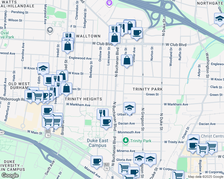 map of restaurants, bars, coffee shops, grocery stores, and more near 1204 Green Street in Durham