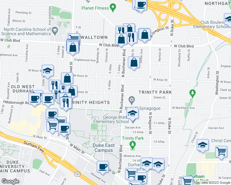 map of restaurants, bars, coffee shops, grocery stores, and more near 1212 Green Street in Durham