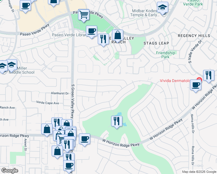 map of restaurants, bars, coffee shops, grocery stores, and more near 2128 Chapman Ranch Drive in Henderson