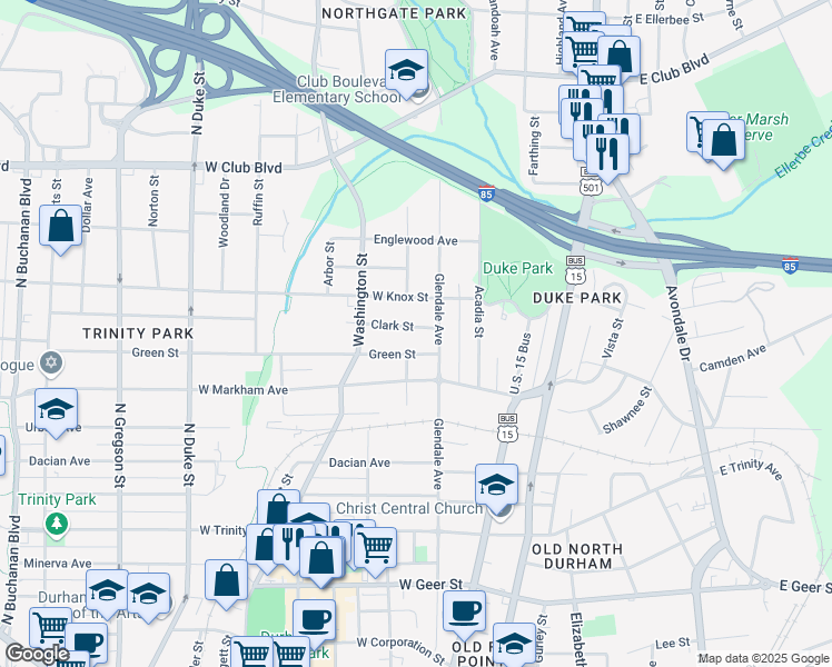 map of restaurants, bars, coffee shops, grocery stores, and more near 309 Clark Street in Durham