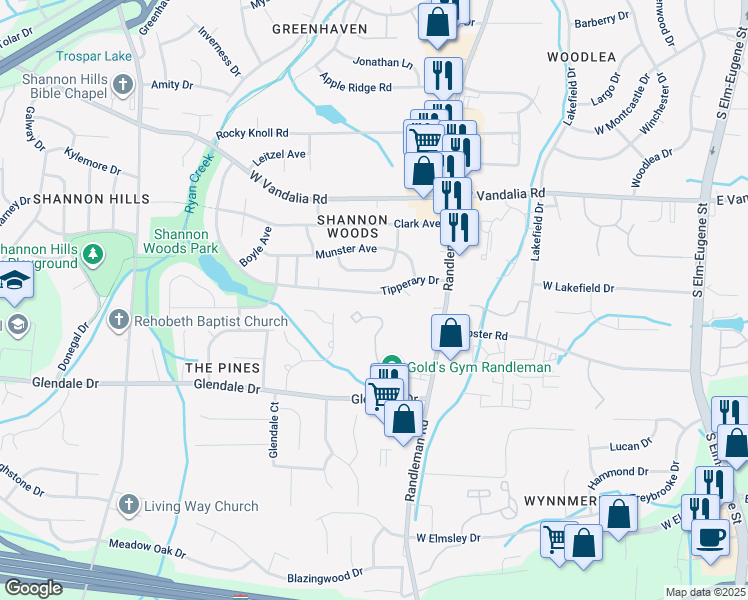 map of restaurants, bars, coffee shops, grocery stores, and more near 511 Tipperary Drive in Greensboro