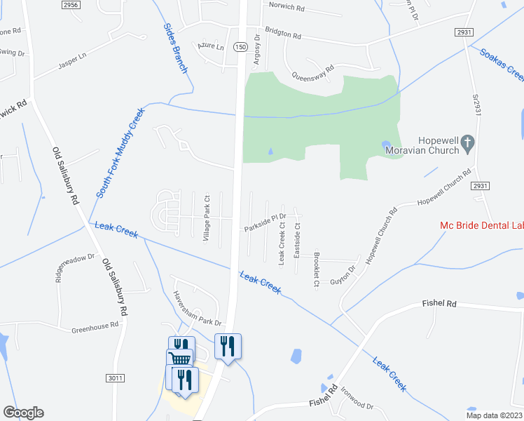 map of restaurants, bars, coffee shops, grocery stores, and more near 3950 Parkview Court in Winston-Salem