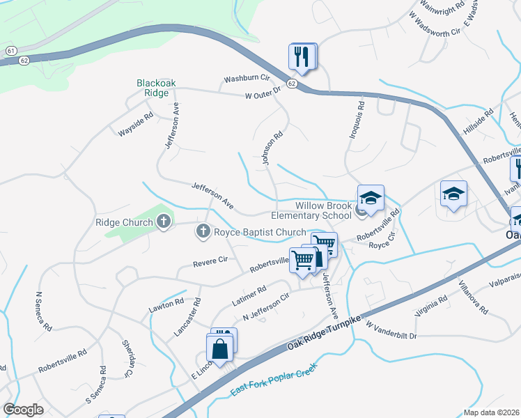 map of restaurants, bars, coffee shops, grocery stores, and more near 282 Jefferson Avenue in Oak Ridge
