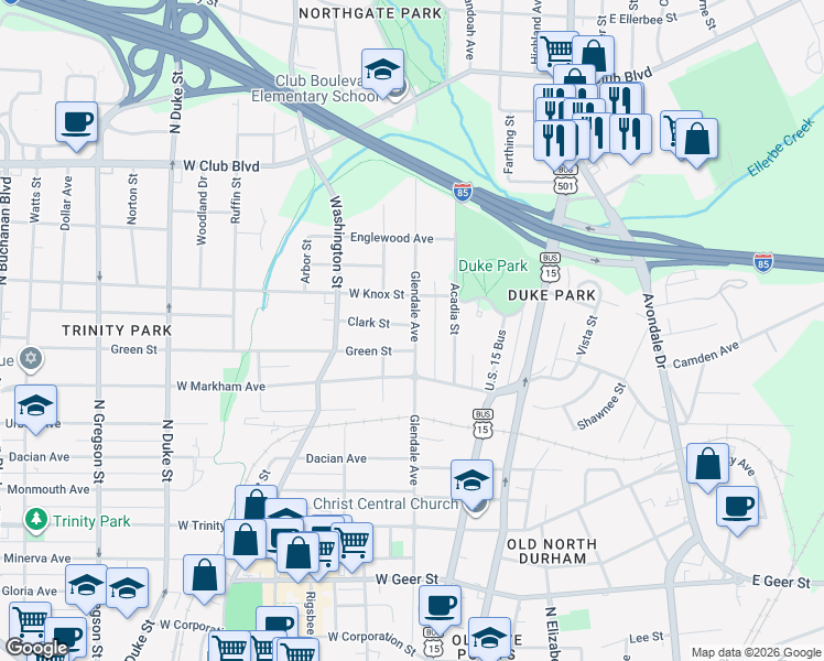 map of restaurants, bars, coffee shops, grocery stores, and more near 1700 Glendale Avenue in Durham