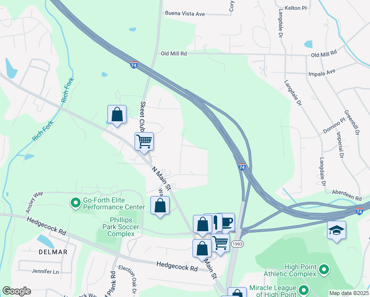 map of restaurants, bars, coffee shops, grocery stores, and more near 3712 Mulberry Lane in High Point