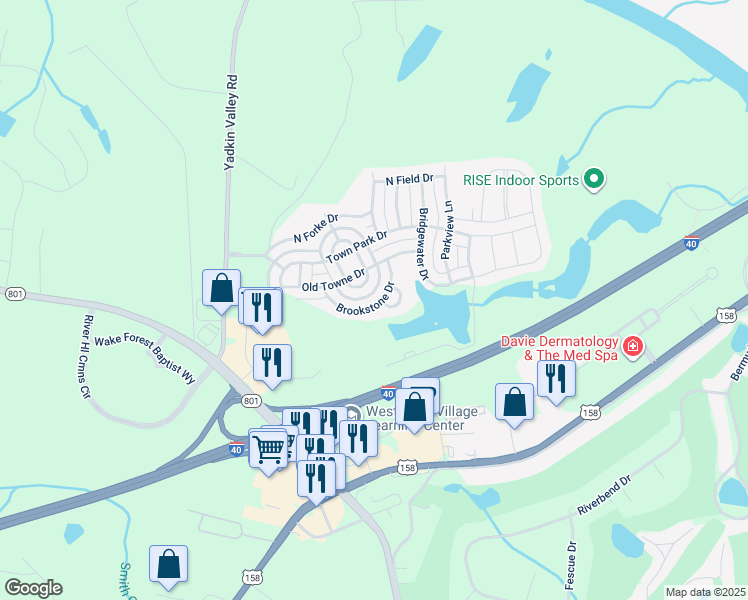 map of restaurants, bars, coffee shops, grocery stores, and more near 163 Brookstone Drive in Advance