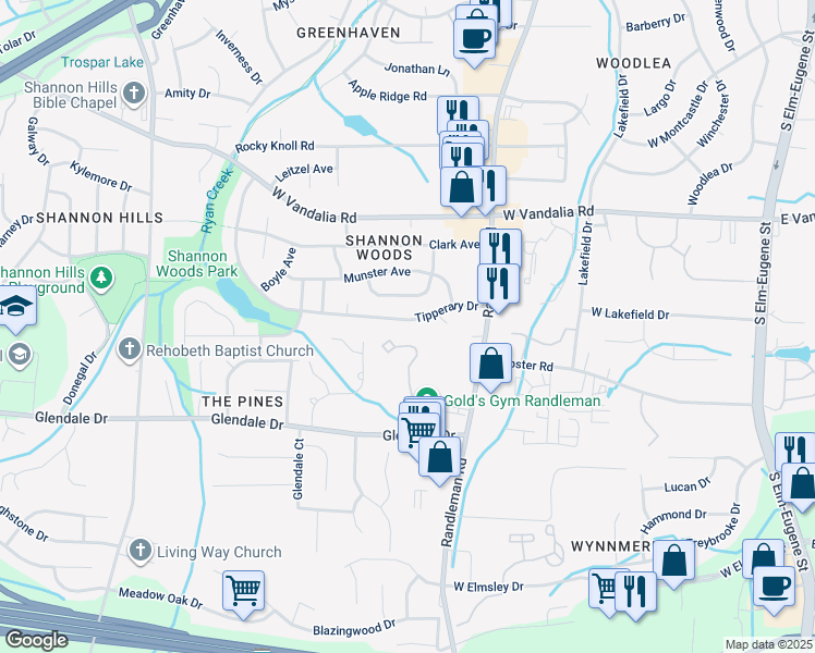 map of restaurants, bars, coffee shops, grocery stores, and more near 511 Tipperary Drive in Greensboro