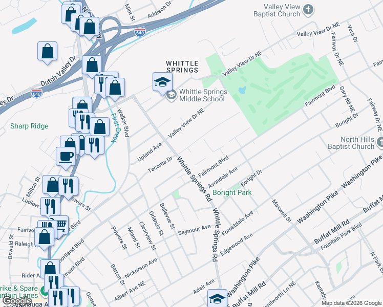 map of restaurants, bars, coffee shops, grocery stores, and more near 2700 Tecoma Drive in Knoxville