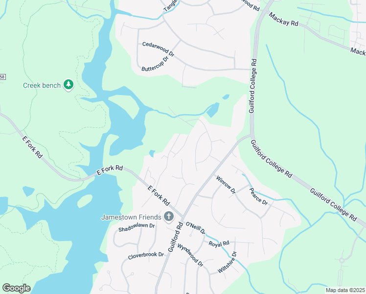 map of restaurants, bars, coffee shops, grocery stores, and more near Village Drive in Jamestown