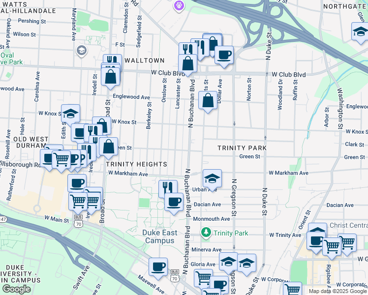 map of restaurants, bars, coffee shops, grocery stores, and more near 1204 Green Street in Durham