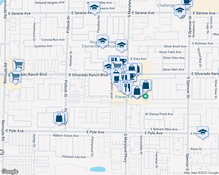 map of restaurants, bars, coffee shops, grocery stores, and more near 1055 East Silverado Ranch Boulevard in Las Vegas