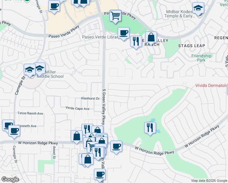 map of restaurants, bars, coffee shops, grocery stores, and more near 2184 Chapman Ranch Drive in Henderson