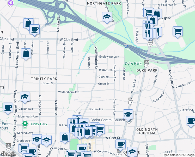 map of restaurants, bars, coffee shops, grocery stores, and more near 330 Clark Street in Durham