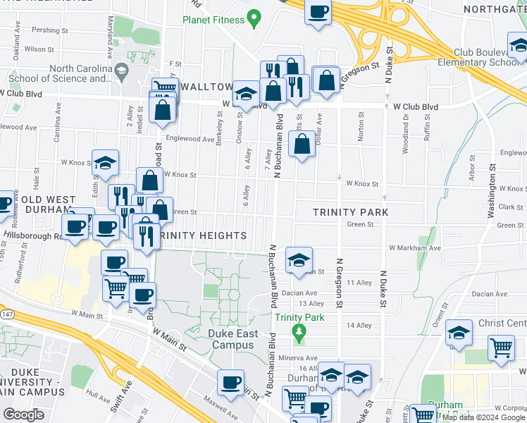 map of restaurants, bars, coffee shops, grocery stores, and more near 905 Lancaster Street in Durham