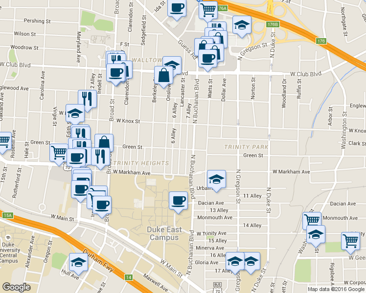 map of restaurants, bars, coffee shops, grocery stores, and more near 905 Lancaster Street in Durham