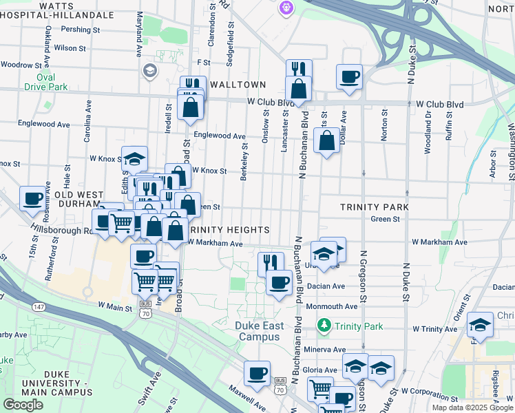 map of restaurants, bars, coffee shops, grocery stores, and more near 905 Onslow Street in Durham