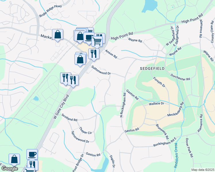 map of restaurants, bars, coffee shops, grocery stores, and more near 3303 Olde Sedgefield Way in Greensboro