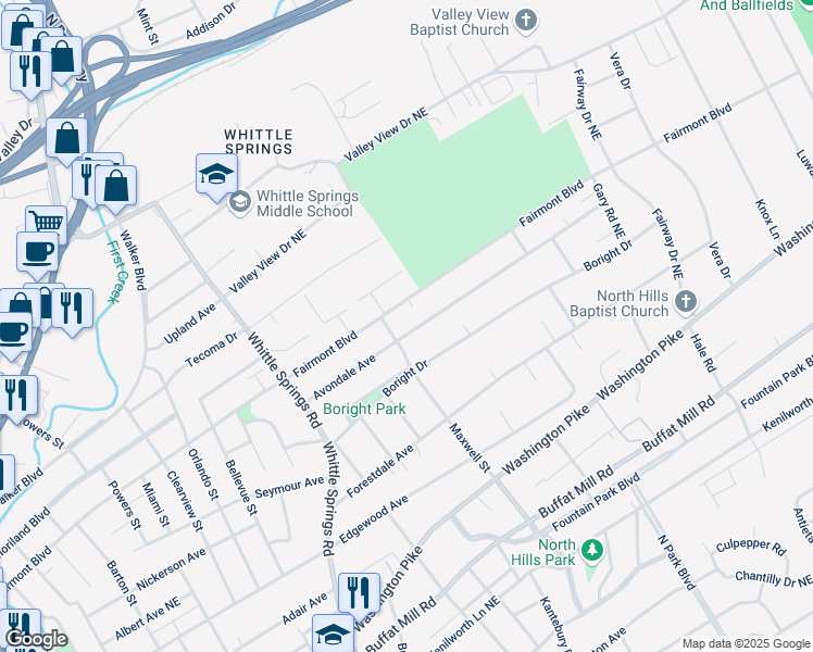 map of restaurants, bars, coffee shops, grocery stores, and more near 2908 Fairmont Boulevard in Knoxville