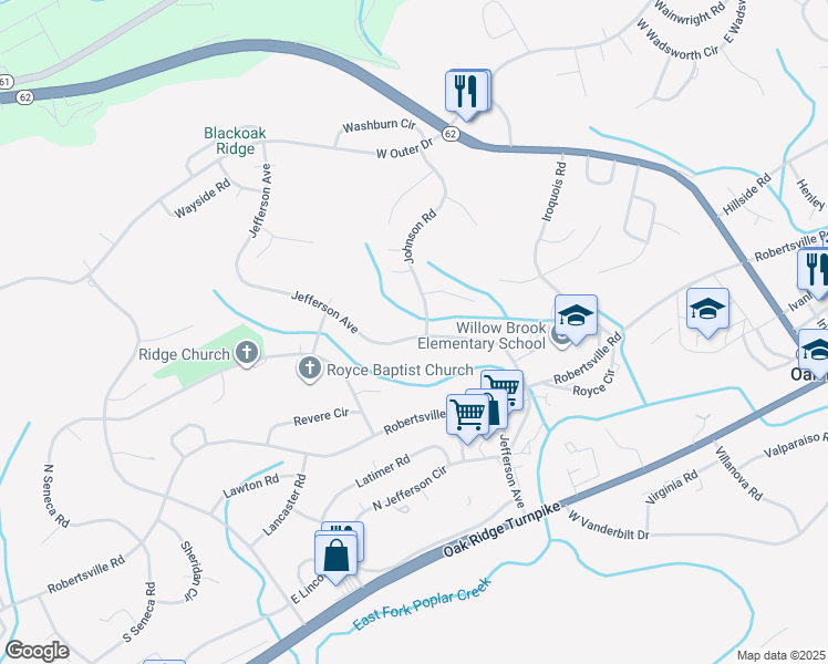 map of restaurants, bars, coffee shops, grocery stores, and more near 282 Jefferson Avenue in Oak Ridge