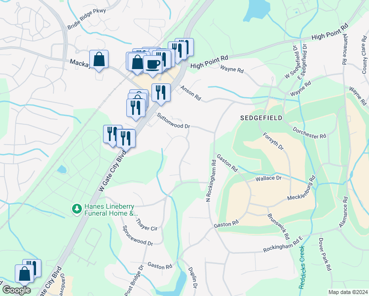 map of restaurants, bars, coffee shops, grocery stores, and more near 3303 Olde Sedgefield Way in Greensboro