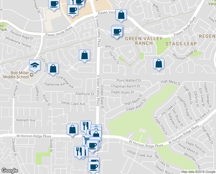 map of restaurants, bars, coffee shops, grocery stores, and more near 2187 Chapman Ranch Drive in Henderson