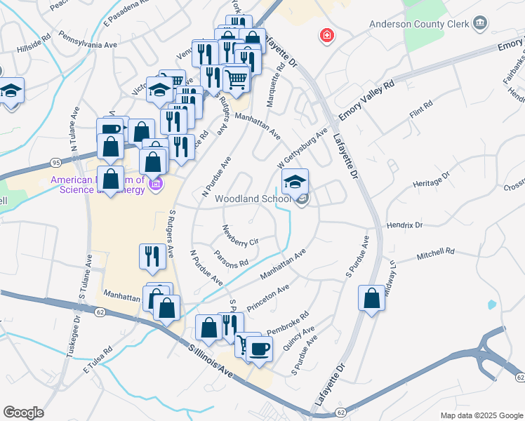 map of restaurants, bars, coffee shops, grocery stores, and more near 151 Northwestern Avenue in Oak Ridge