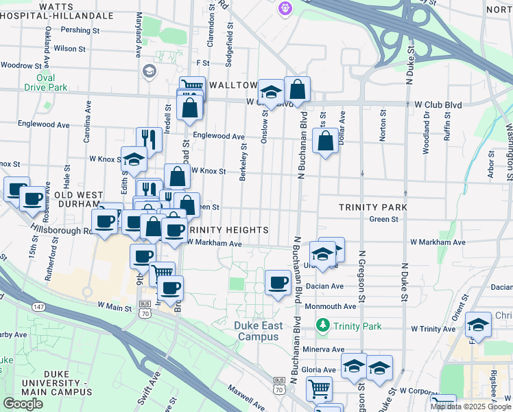 map of restaurants, bars, coffee shops, grocery stores, and more near 901 Onslow Street in Durham