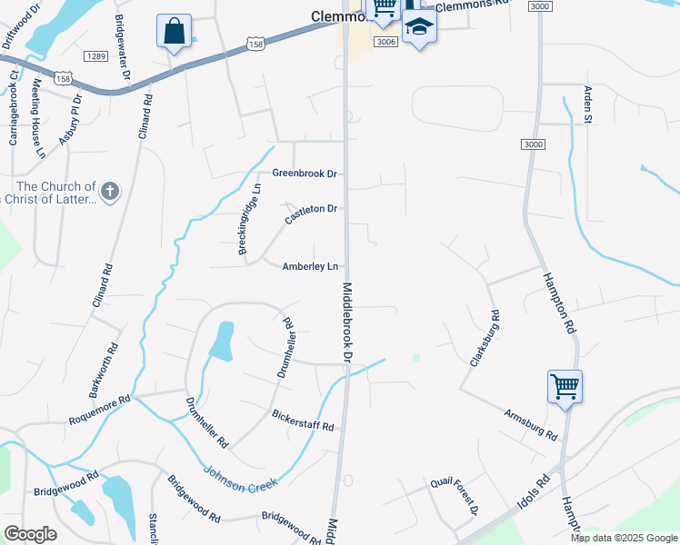 map of restaurants, bars, coffee shops, grocery stores, and more near 3180 Middlebrook Drive in Clemmons