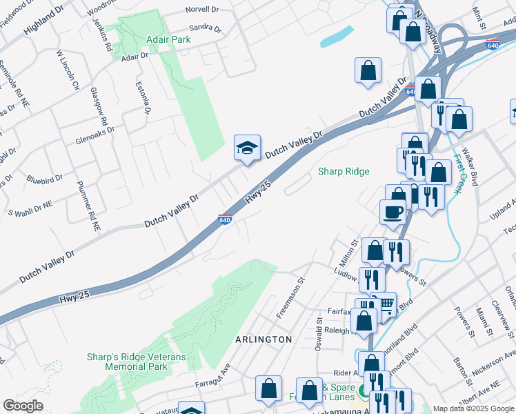 map of restaurants, bars, coffee shops, grocery stores, and more near 1817 Rocky View Way in Knoxville