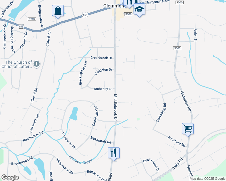 map of restaurants, bars, coffee shops, grocery stores, and more near 3180 Middlebrook Drive in Clemmons
