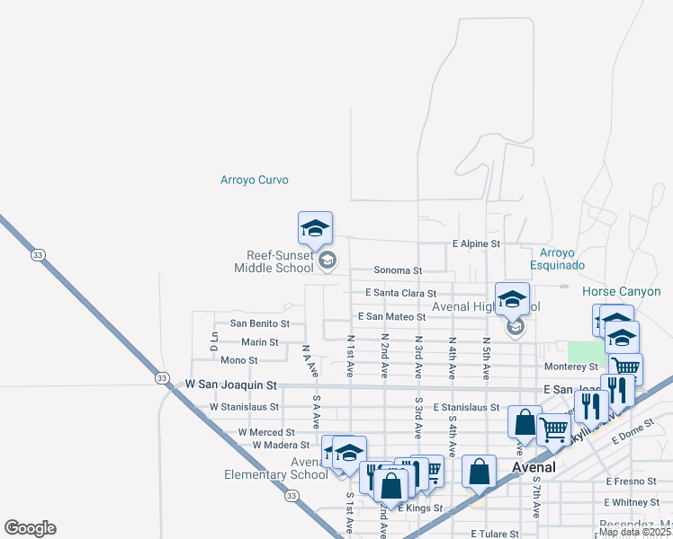 map of restaurants, bars, coffee shops, grocery stores, and more near 608 North 1st Avenue in Avenal