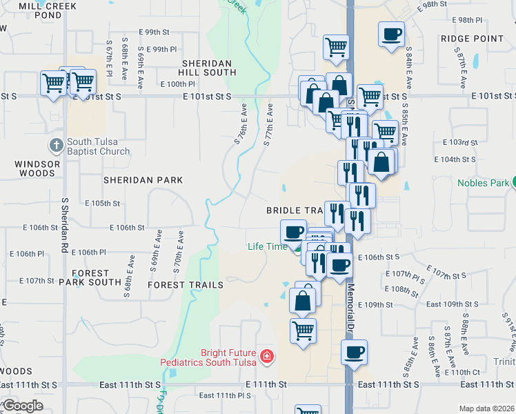 map of restaurants, bars, coffee shops, grocery stores, and more near 7722 East 105th Street in Tulsa