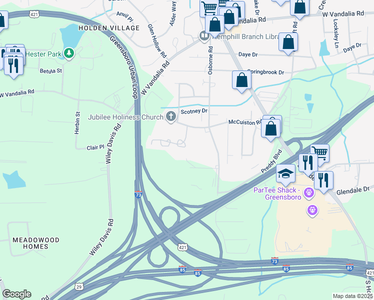 map of restaurants, bars, coffee shops, grocery stores, and more near 3607 McCuiston Road in Greensboro