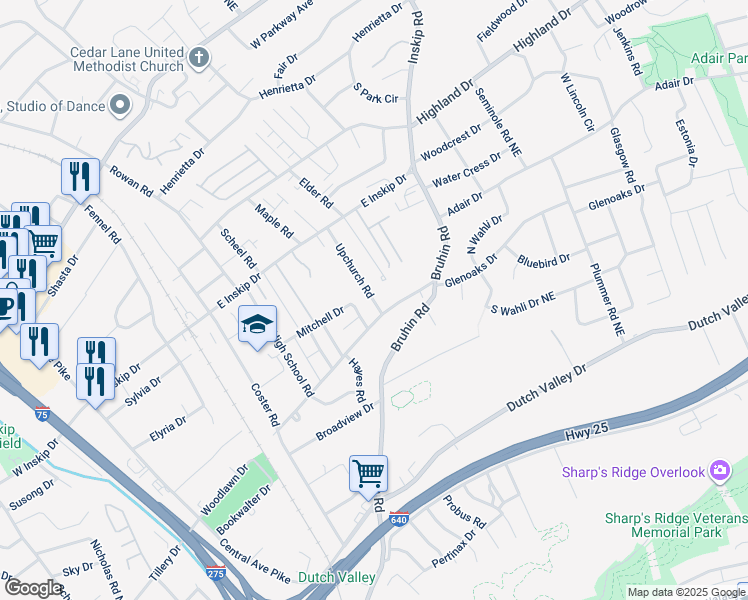 map of restaurants, bars, coffee shops, grocery stores, and more near 4512 Upchurch Road in Knoxville