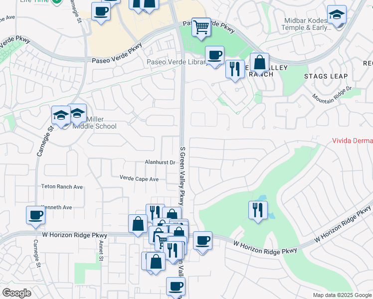 map of restaurants, bars, coffee shops, grocery stores, and more near 415 Golden State Street in Henderson