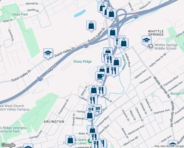 map of restaurants, bars, coffee shops, grocery stores, and more near 4216 Acuff Street in Knoxville