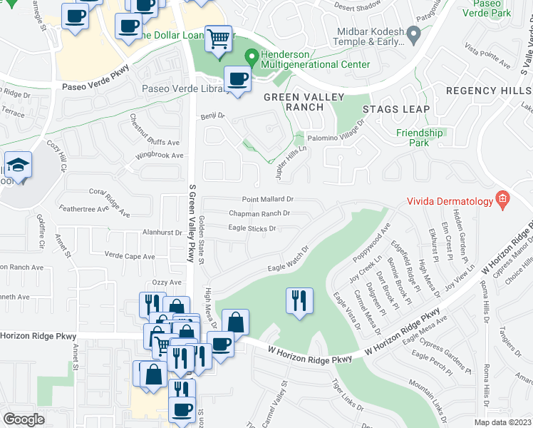 map of restaurants, bars, coffee shops, grocery stores, and more near 2149 Chapman Ranch Drive in Henderson