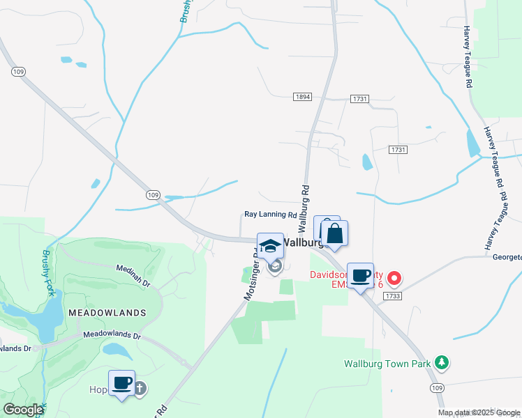 map of restaurants, bars, coffee shops, grocery stores, and more near 243 Ray Lanning Road in Winston-Salem