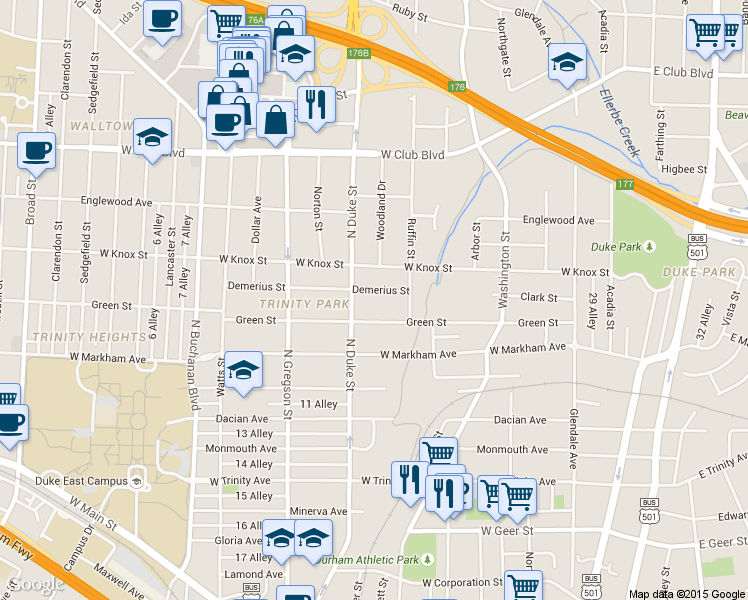 map of restaurants, bars, coffee shops, grocery stores, and more near 815 Demerius Street in Durham