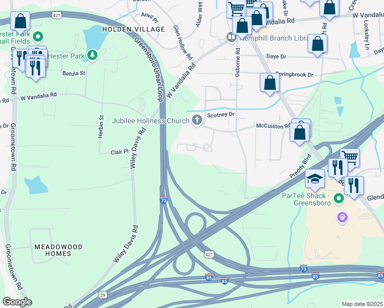 map of restaurants, bars, coffee shops, grocery stores, and more near 26 Covington Place in Greensboro