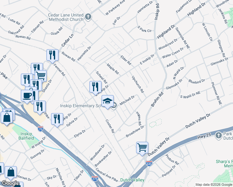 map of restaurants, bars, coffee shops, grocery stores, and more near 620 East Inskip Drive in Knoxville